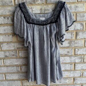 World Market Square Neck Flutter Short Sleeve Striped Blouse Women's Size L / XL